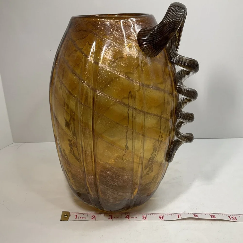 Vintage Tall Pier One Amber & gold swirl glass pumpkin vase with long curly stem